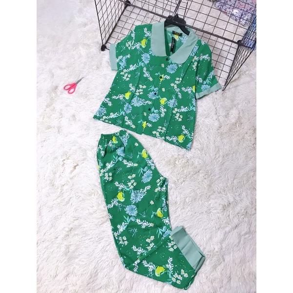 Bộ Pijama Lụa mềm mịn Cổ Sen Tay Ngắn xinh xắn