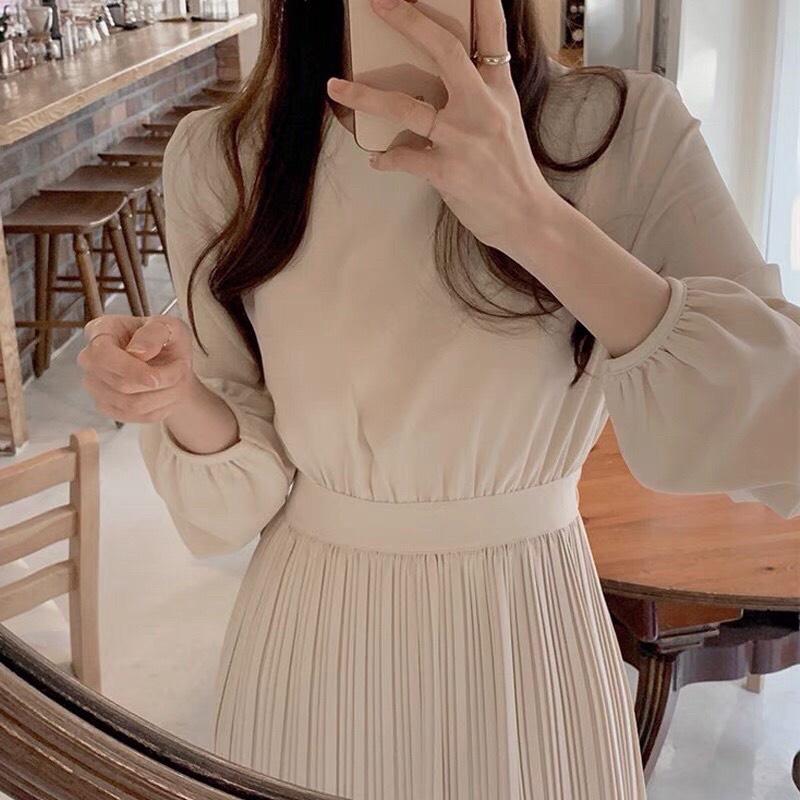 Váy liền thân chân váy xếp ly dáng dài, Freesize, thắt eo cực gọn, màu sắc trang nhã lịch sự đi làm đi chơi đều phù hợp