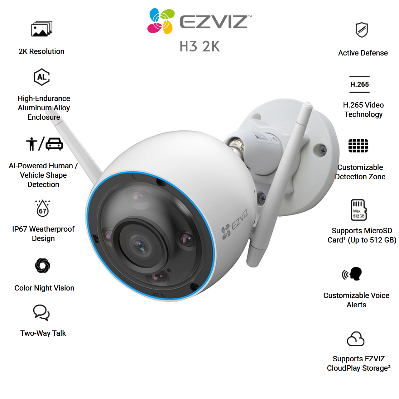 Camera IP Ngoài Trời Ezviz H3 2K 3MP - Phát hiện chuyển động thông minh, độ sắc nét cao, có màu ban đêm, vỏ hợp kim nhôm chống chịu thời tiết, chống nước IP 67 - Hàng chính hãng