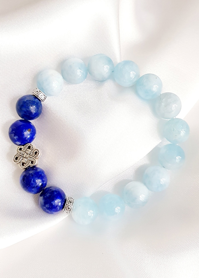 Vòng Tay Laliz Mệnh Thủy , Mộc Đá Aquamarine Phối Đá Lapis Lazuli Charm Vĩnh Kết Đồng Tâm Bạc TAR.24 - TAR.24