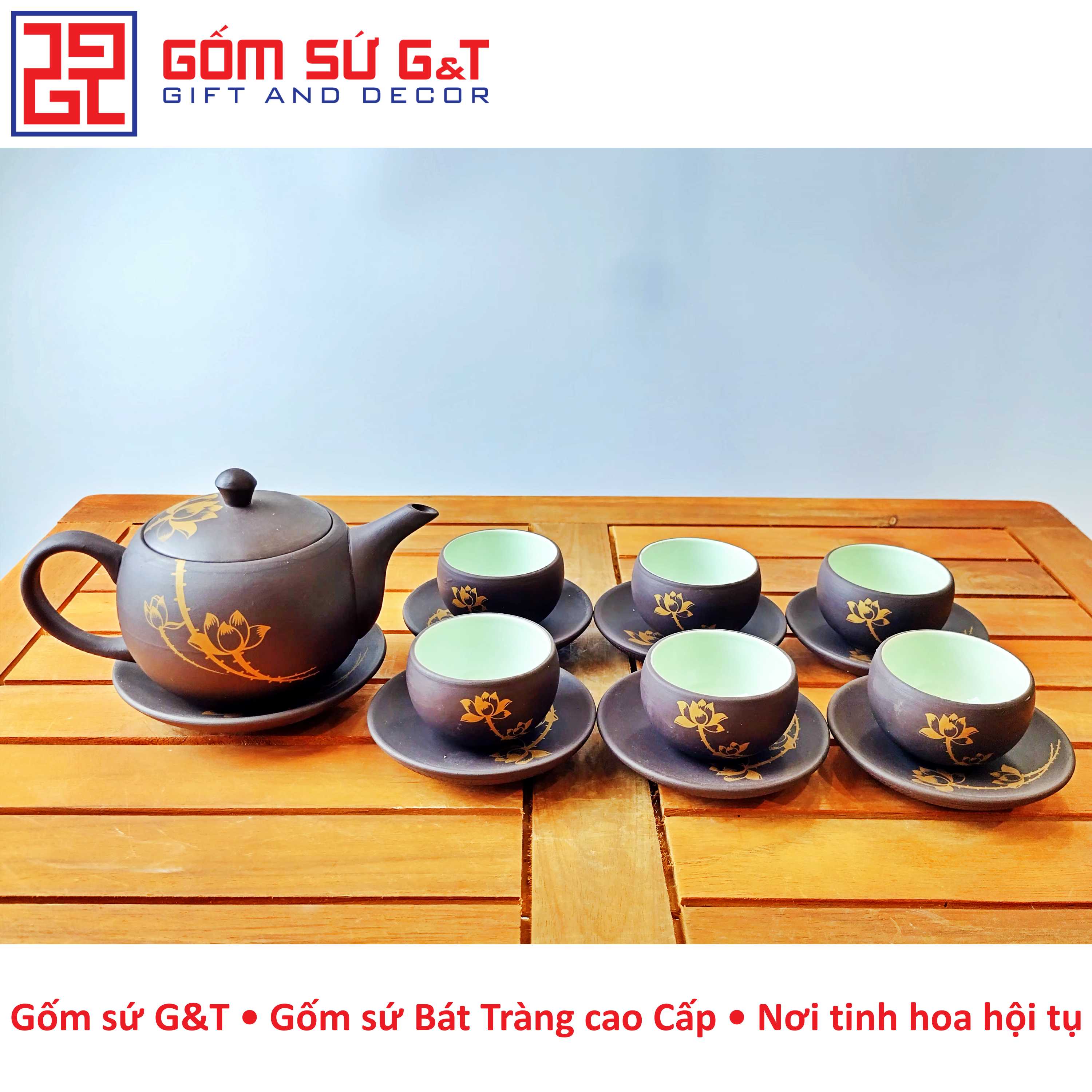 Bộ trà nâu vẽ sen vàng Gốm Sứ G&amp;T