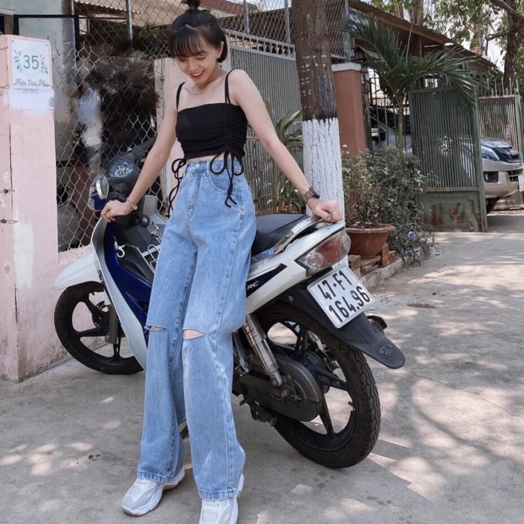 Quần Bò Ống Rộng Lưng Cao UNIEX -Chất Liệu Jean Không Dãn Rách Gối Thời Trang Cho Nữ