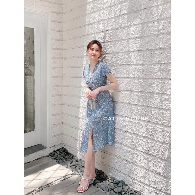 VÁY HOA TƠ CỔ V 2 MÀU XANH VÀNG CHO NỮ