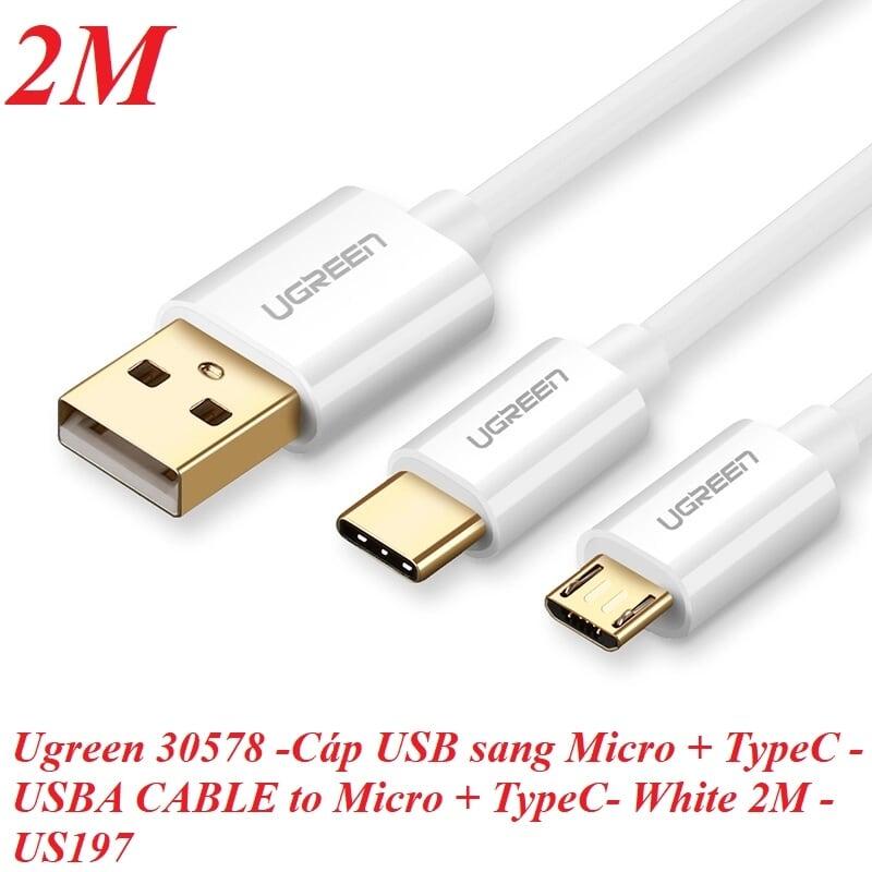 Ugreen UG30578US197TK 2M màu Trắng Cáp USB-A sang Micro USB + USB-C cao cấp - HÀNG CHÍNH HÃNG