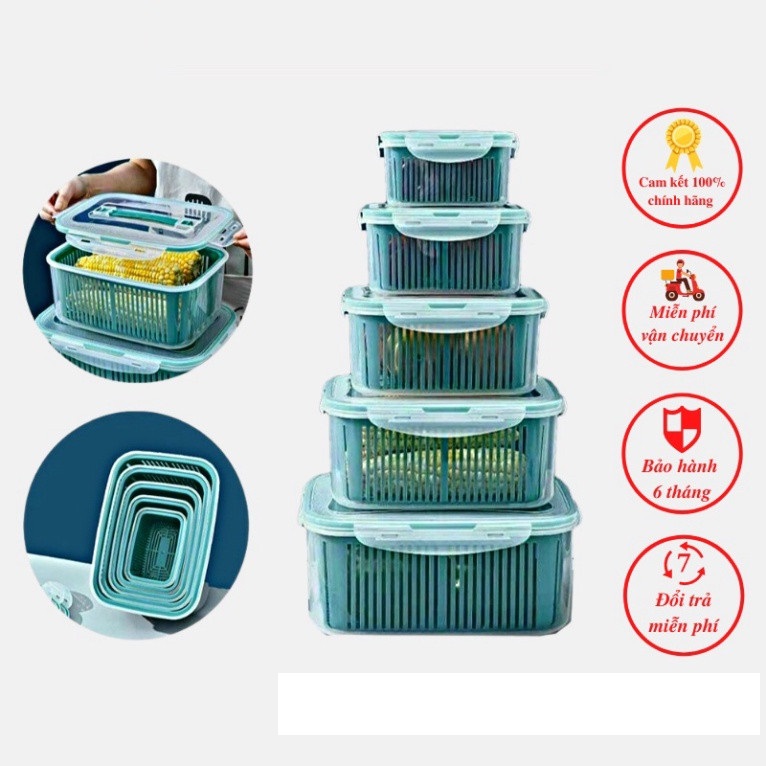 Combo 5 hộp nhựa kèm rổ đựng 2 in 1 cao cấp để và bảo quản thức ăn, rau củ quả tách nước, với 5 kích cỡ khác nhau dễ dàng xếp chồng lên nhau tiết kiệm không gian lưu trữ