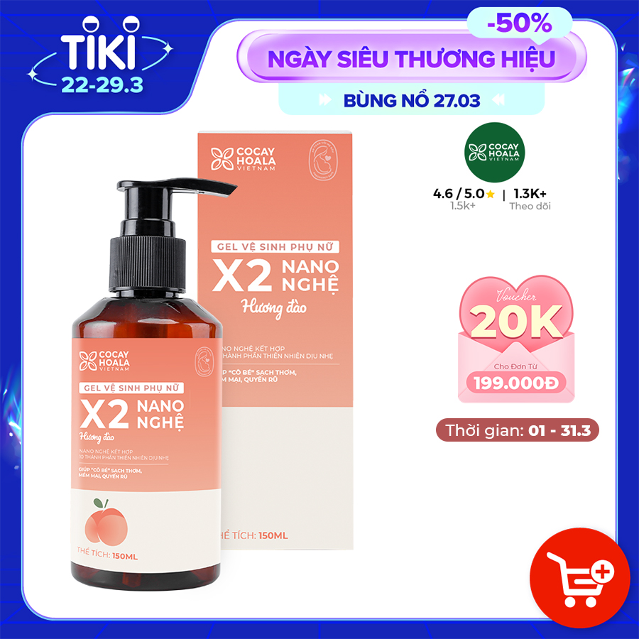 Dung dịch vệ sinh Phụ nữ Gel X2 Nano Nghệ Đào Hồng Mềm Mại Lưu Hương 24h Cocayhoala - 150ml