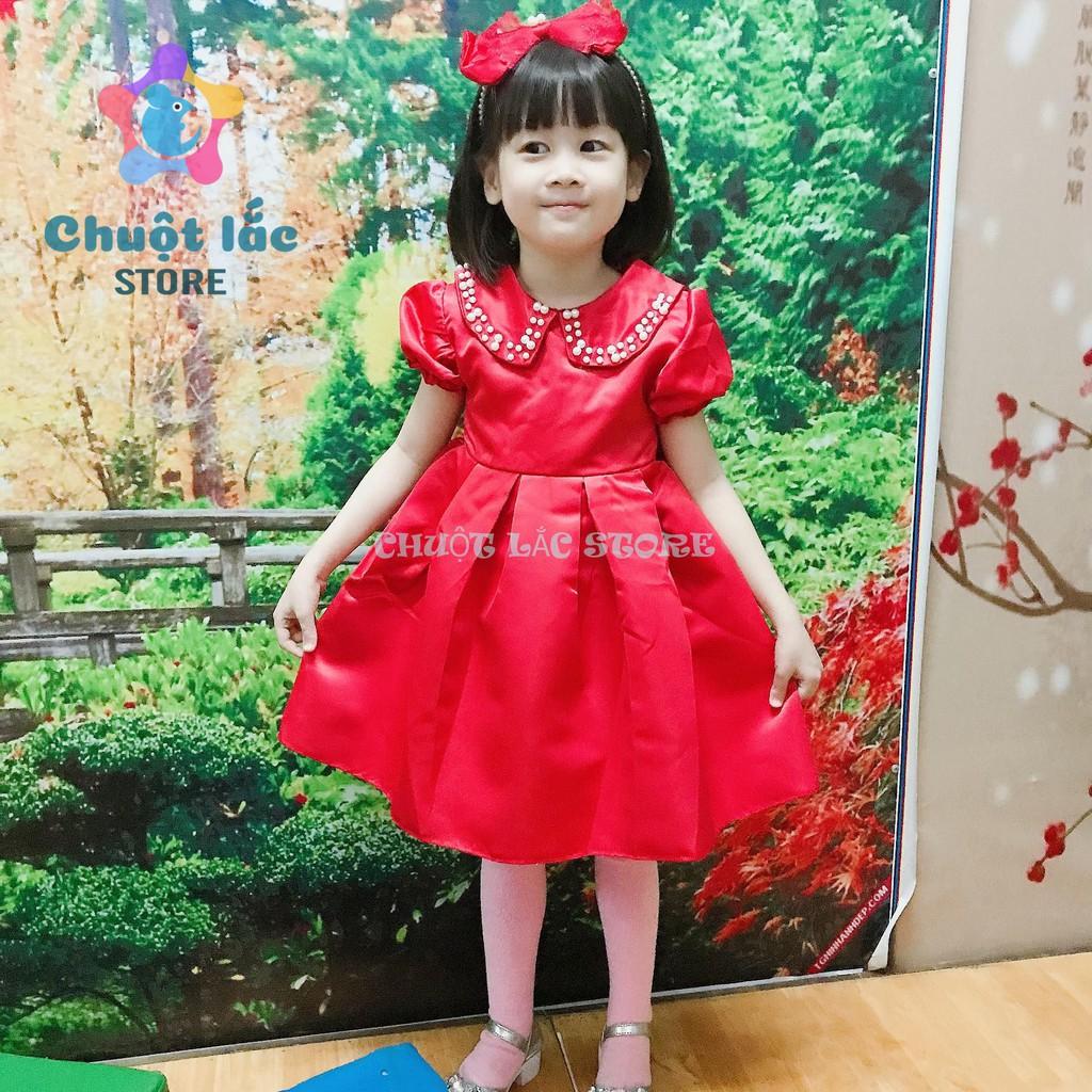 Đầm váy công chúa bé gái cổ đính hạt kèm nơ cài đầu cho bé từ 8kg đến 22kg