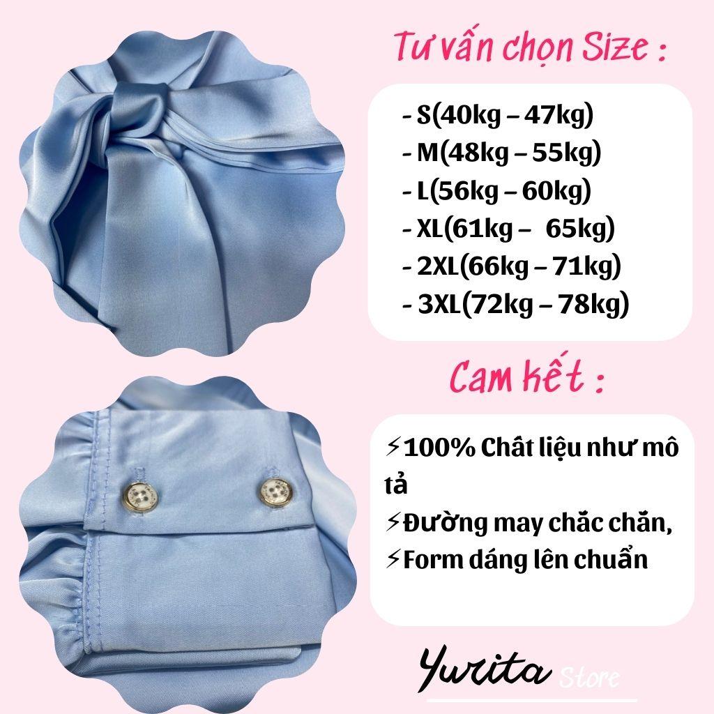 Áo Sơ Mi Kiểu Công Sở Đẹp YURITA Tay Dài Cổ Thắt Nơ Màu Xanh Chất Lụa Cao Cấp From Rộng Hàn Quốc Ulzzang Vintage A1X