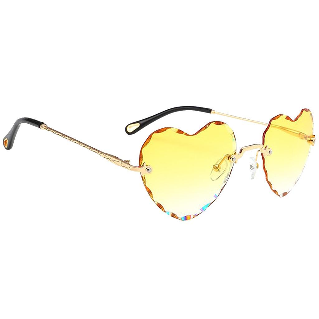 Rimless Sunglasses Women Heart Shape UV400 Eyewear Sun Glasses Pink+Yellow