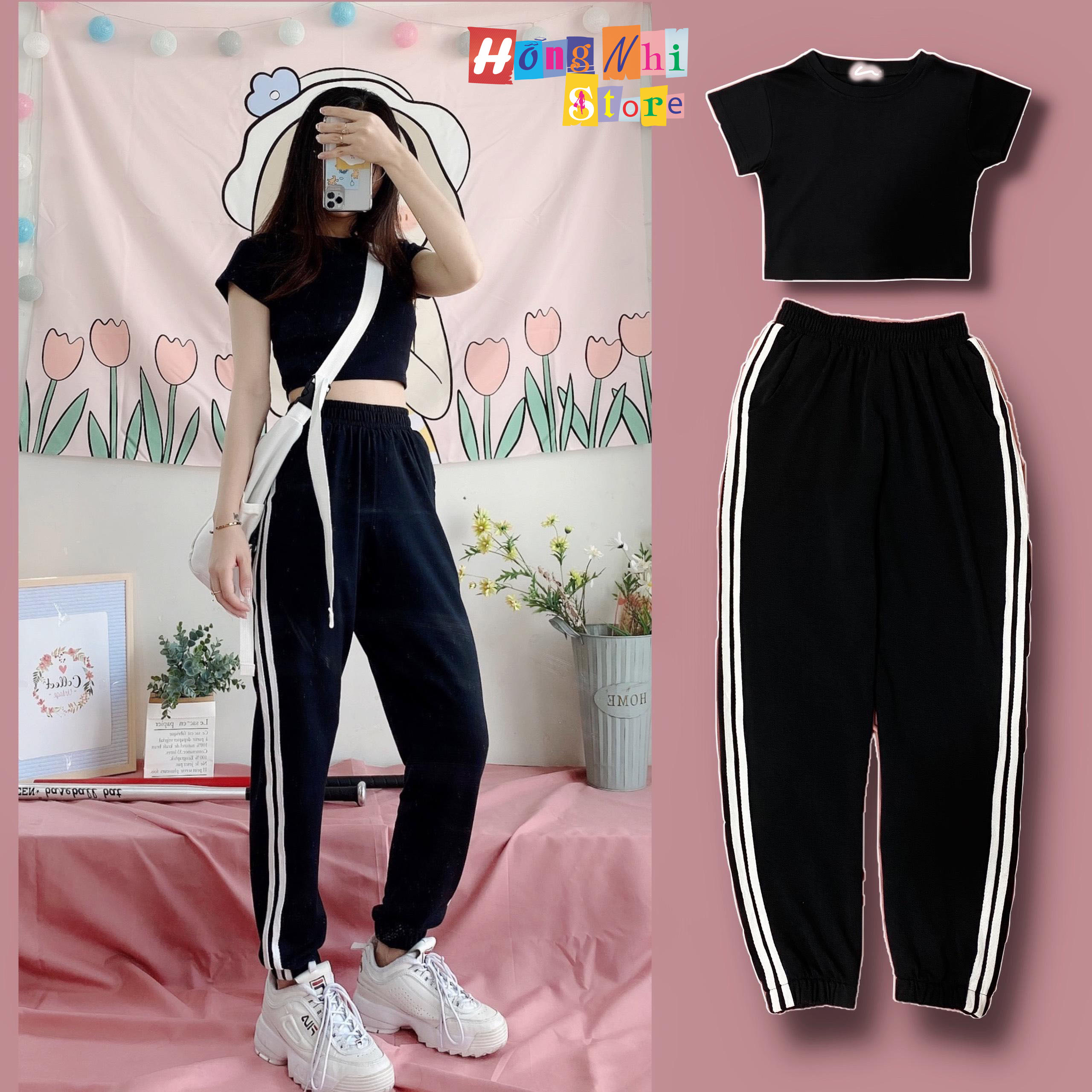 Quần Jogger Line Unisex Lưng Thun 2 Sọc Bo Lai Dáng Rộng Màu Đen - MM