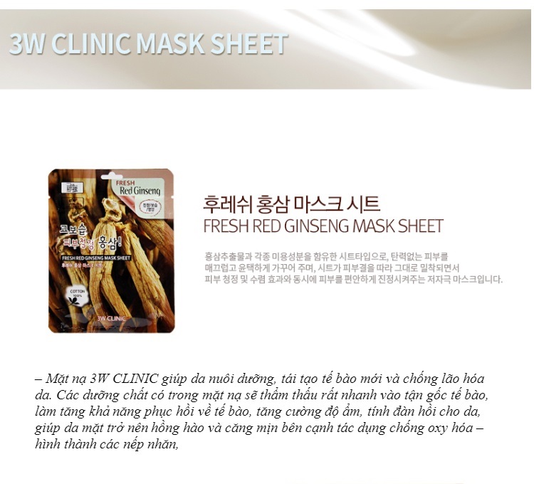 Combo 5 Mặt nạ chiết xuất từ nhân sâm đỏ 3W CLINIC FRESH RED GINSENG MASK SHEET 23ml x 5