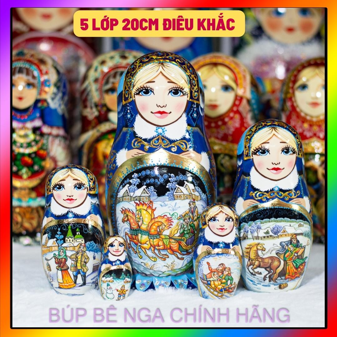 BỘ BÚP BÊ NGA MATRYOSHKA CAO CẤP 5 LỚP 20CM ĐIÊU KHẮC CHẠM NỔI HOA VĂN "CÔNG CHÚA MÙA ĐÔNG" MÀU XANH CỰC ĐẸP VÀ SANG TRỌNG