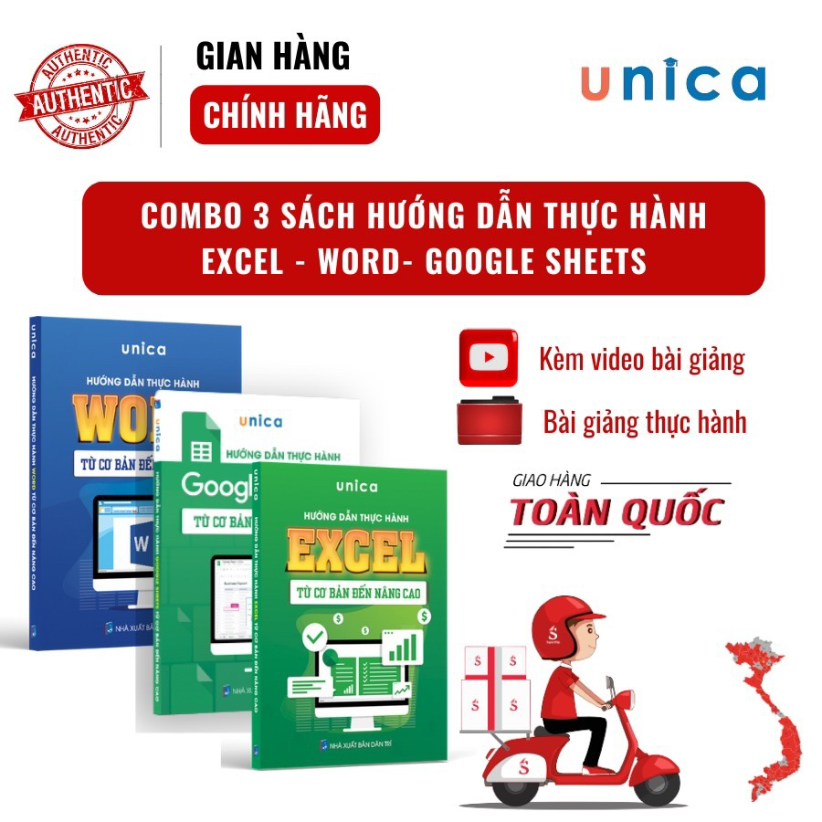 Combo 3 Sách Word - Excel - Google Sheet Tin học văn phòng Unica, Hướng dẫn thực hành từ cơ bản đến nâng cao, in màu chi tiết, TẶNG video bài giảng