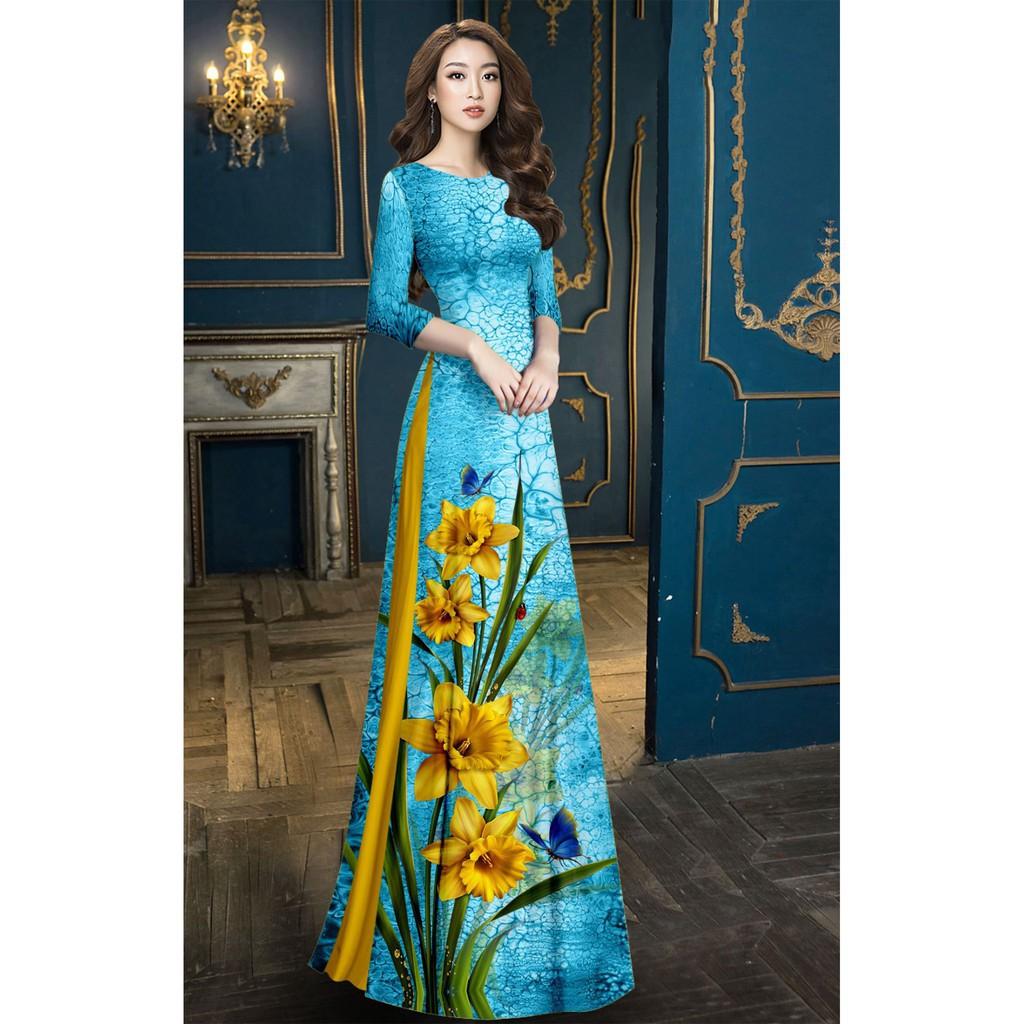 Áo Dài Họa Tiết Hoa Vàng In 4D - QA00106 ( Không kèm quần)