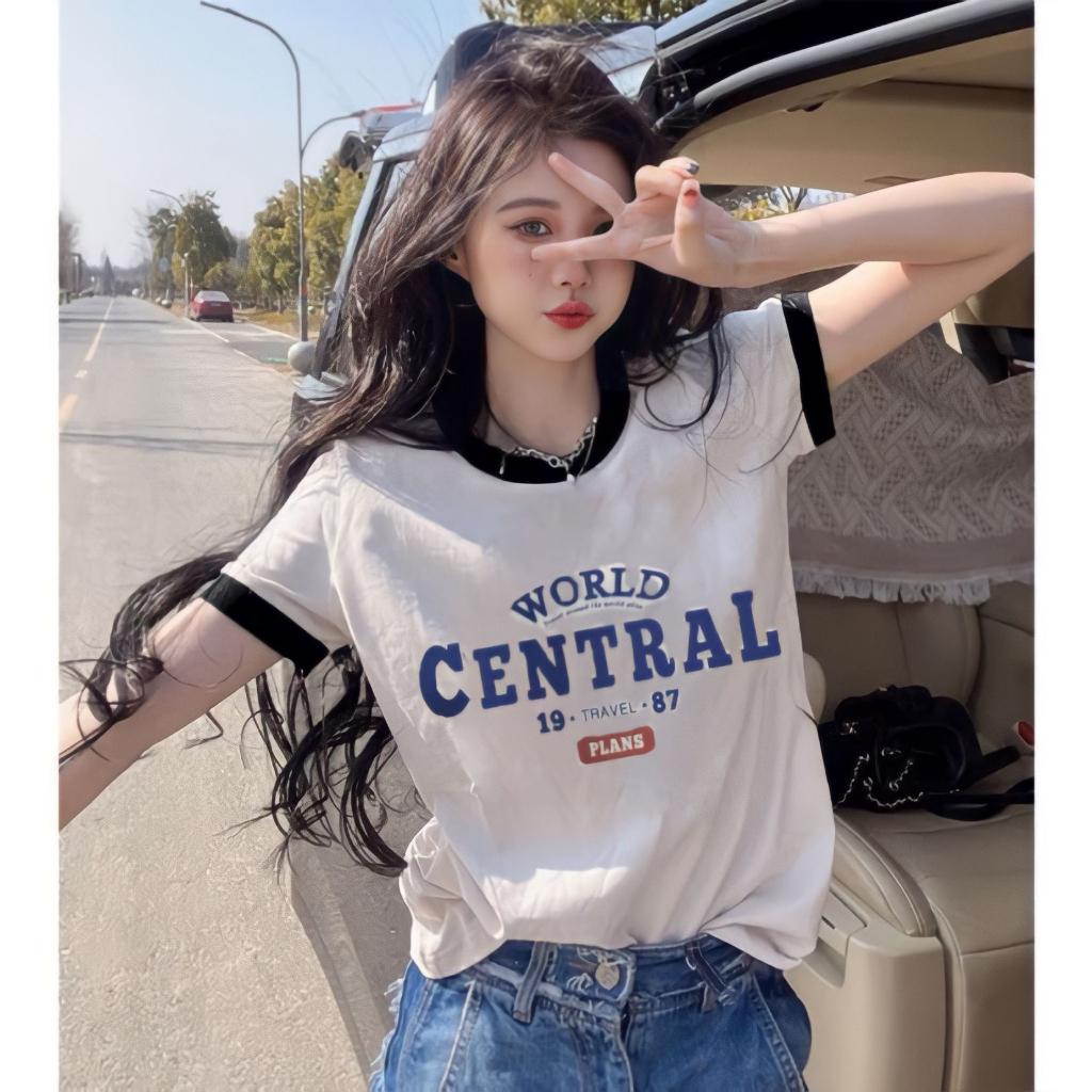 Áo Thun Nữ Baby Tee CENTRAL Cộc Tay Phối Viền In Chữ