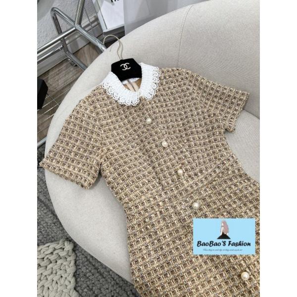 Đầm dạ 3 màu phối cổ ren cúc ngọc thanh lịch