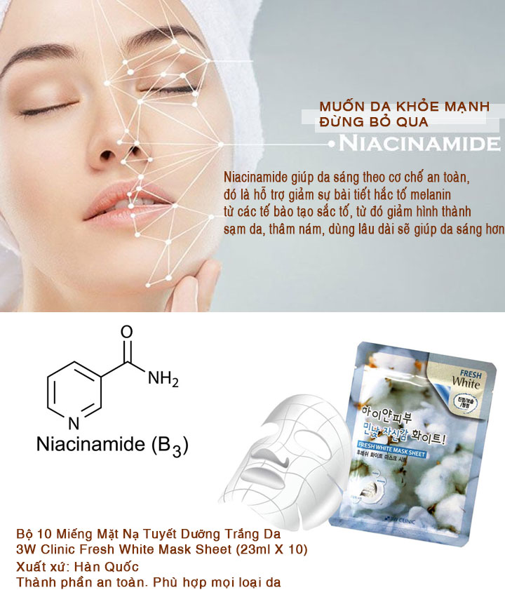 [BẢN MỚI] COMBO 10 Mặt nạ dưỡng da trắng mịn 3W Clinic Fresh White Mask Sheet 23ml