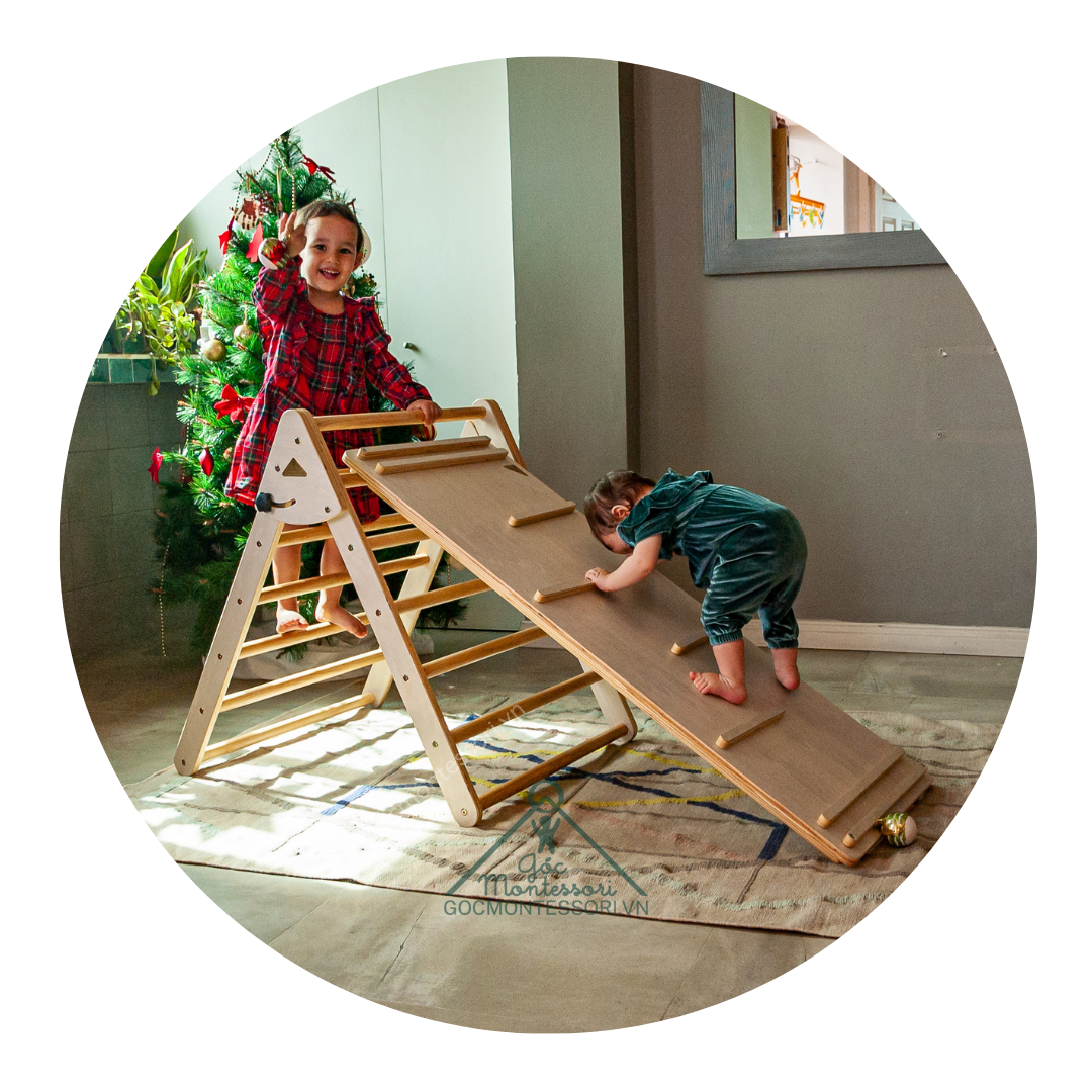 Combo Pikler Triangle 120cm Góc Montessori Giúp Trẻ Phát Triển Vận Động Thô: Thang Tam Giác Vận Động Gấp Gọn + Tấm Trèo Kiêm Cầu Trượt 120cm