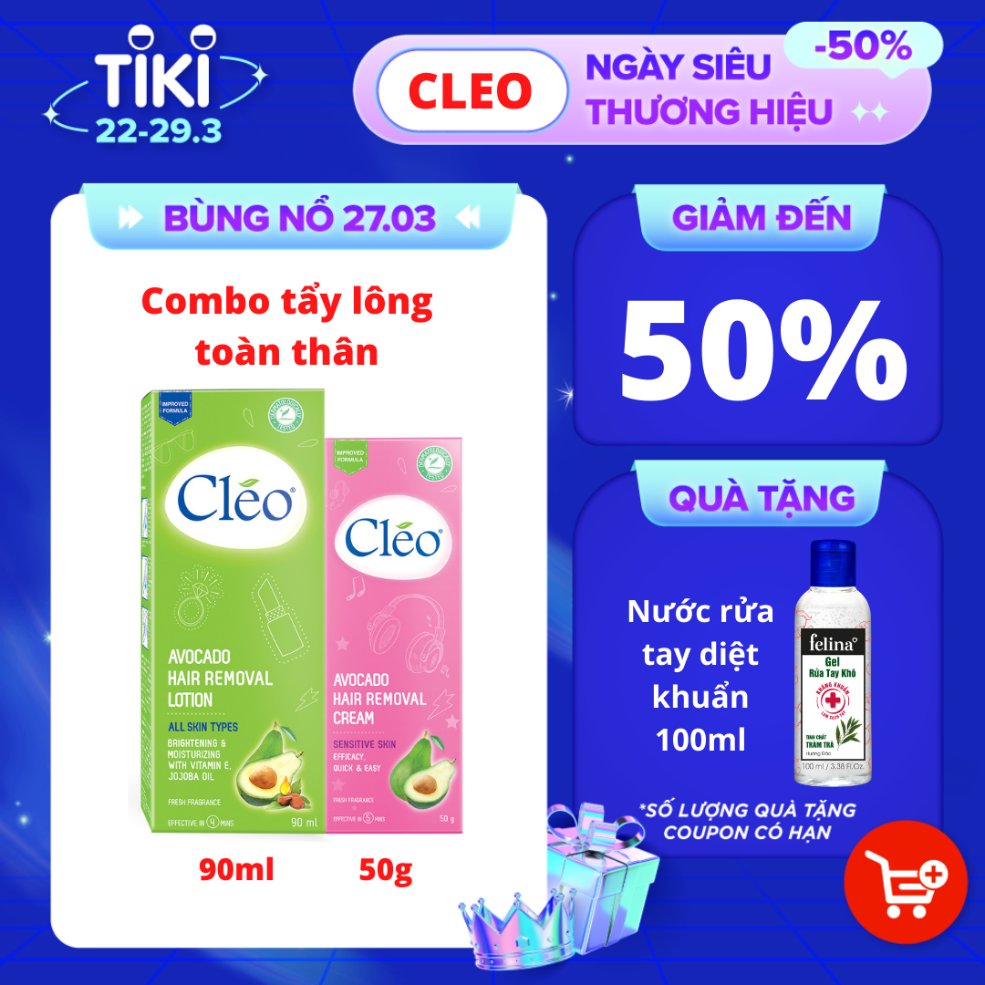 Combo tẩy lông nách Cléo cho da nhạy cảm 100% không đau 50g và tẩy lông chân tay Cléo an toàn chỉ từ 4 phút 90ml