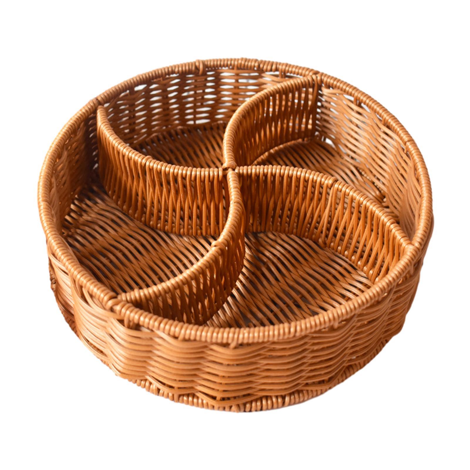 Hand Woven Serving Basket Food Storage Tray Divided Dividers Candy Serving Tray Round Fruit Basket for Hotel Breakfast Pantry