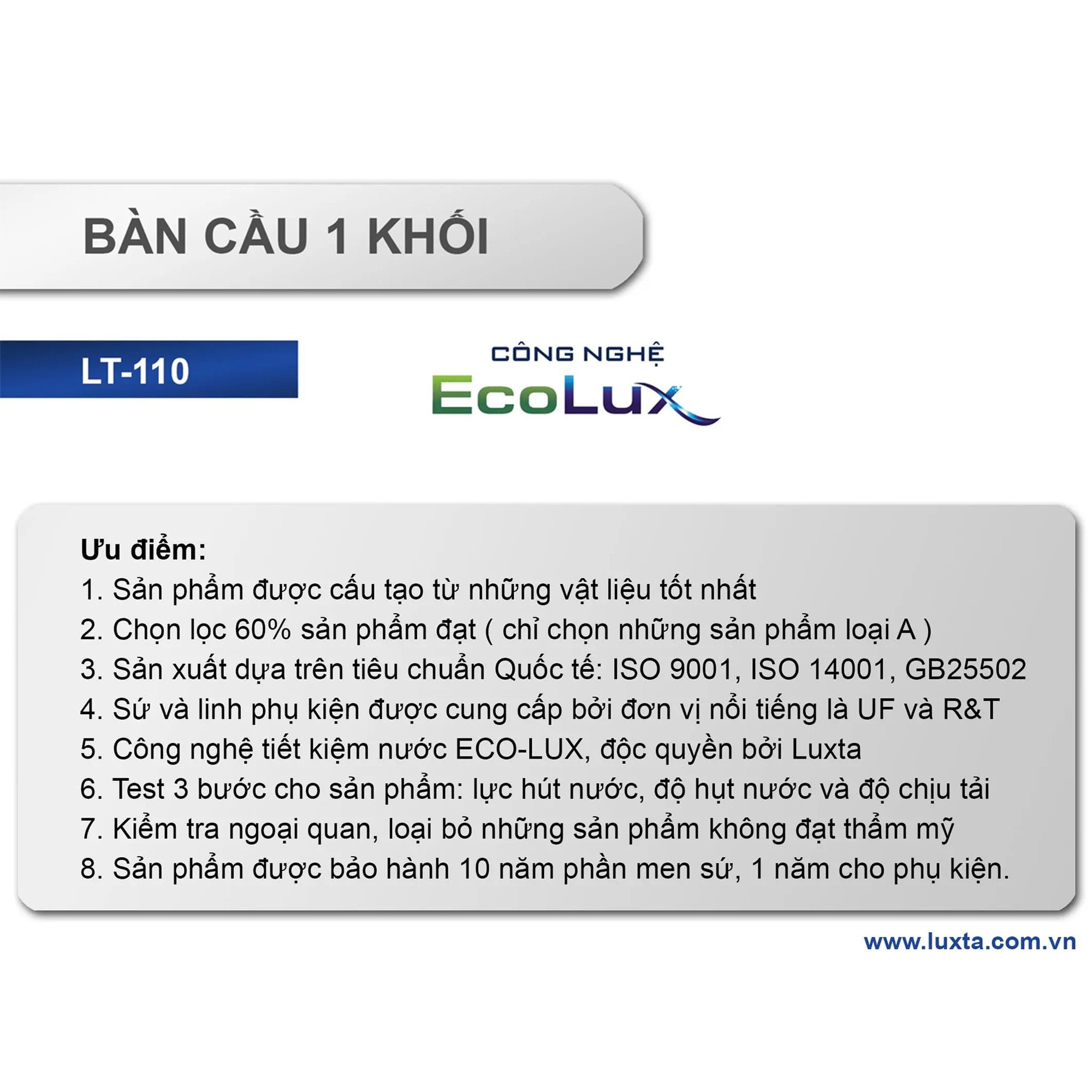 Bồn Cầu Chính Hãng LUXTA LT110 Công Nghệ Tiết Kiệm Nước ECO LUX