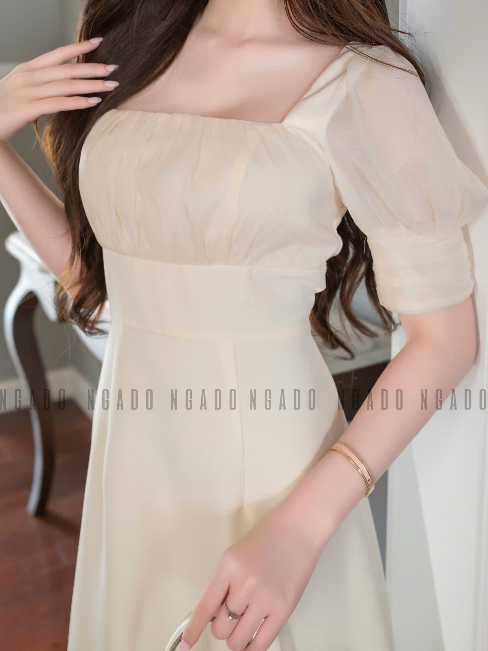 Đầm kem cổ vuông phối voan NGADO , đầm kiểu Nữ , đầm voan