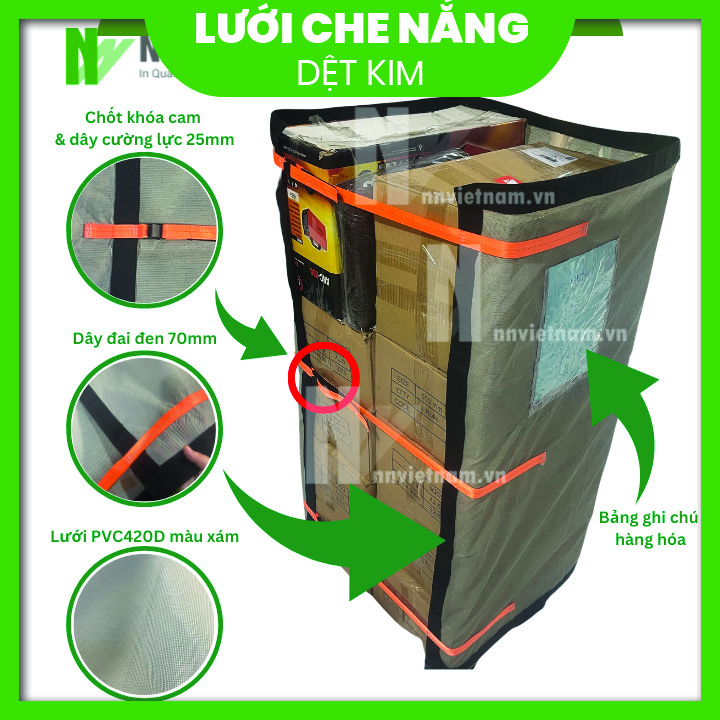 LƯỚI PVC QUẤN PALLET KHÓA CAM, DÂY CƯỜNG LỰC - CHIỀU DÀI LƯỚI 1.9M X CHIỀU CAO 1.2M