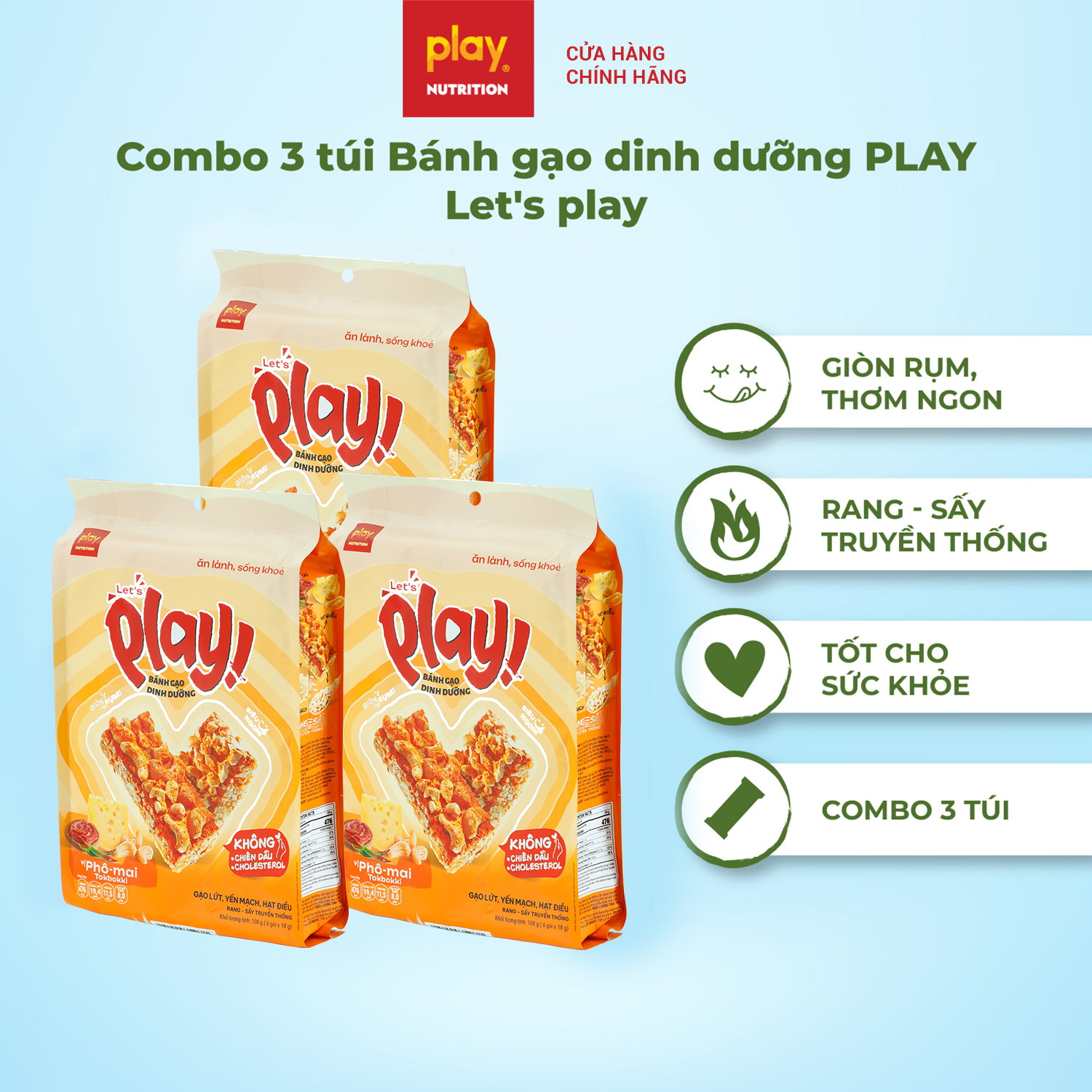 Combo 3 túi bánh gạo dinh dưỡng PLAY Let’s play - Thanh gạo lứt ngũ cốc, bánh ăn vặt healthy