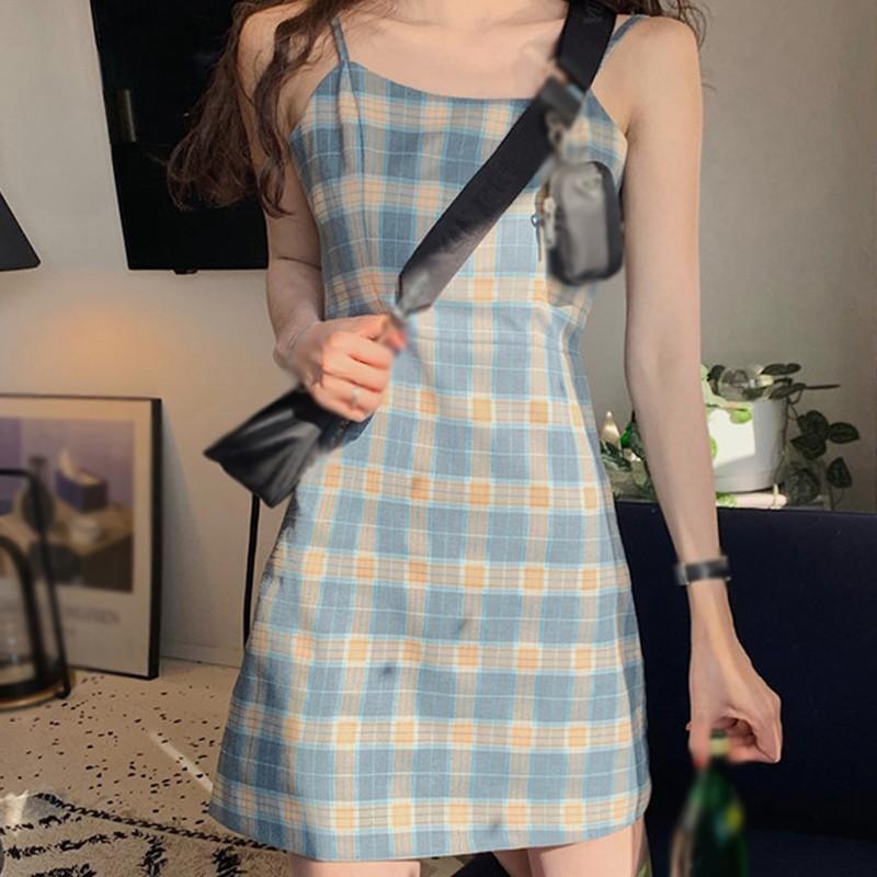 Đầm Hai Dây Kẻ Sọc Caro Phong Cách Retro Cho Nữ