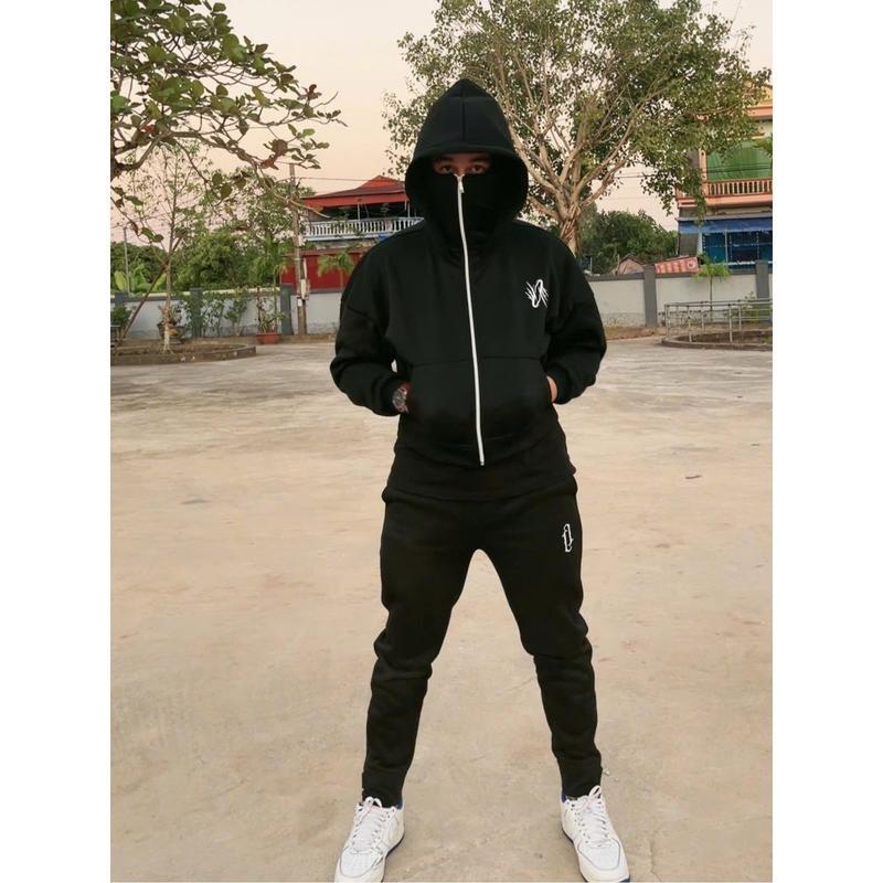 Bộ Áo Hoodie Balaclava, Hoodie zip Thiết Kế  2 mũ Độc Đáo, trùm kín đầu, Chống nắng cực tốt Fom Unisex Nam Nữ. - Áo Đen