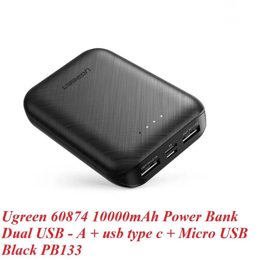 Ugreen UG60874PB133TK 10000mAh 5V 2.1A Sạc dự phòng 2 cổng ra USB type A - 2 nguồn vào cổng Micro và type C - HÀNG CHÍNH HÃNG