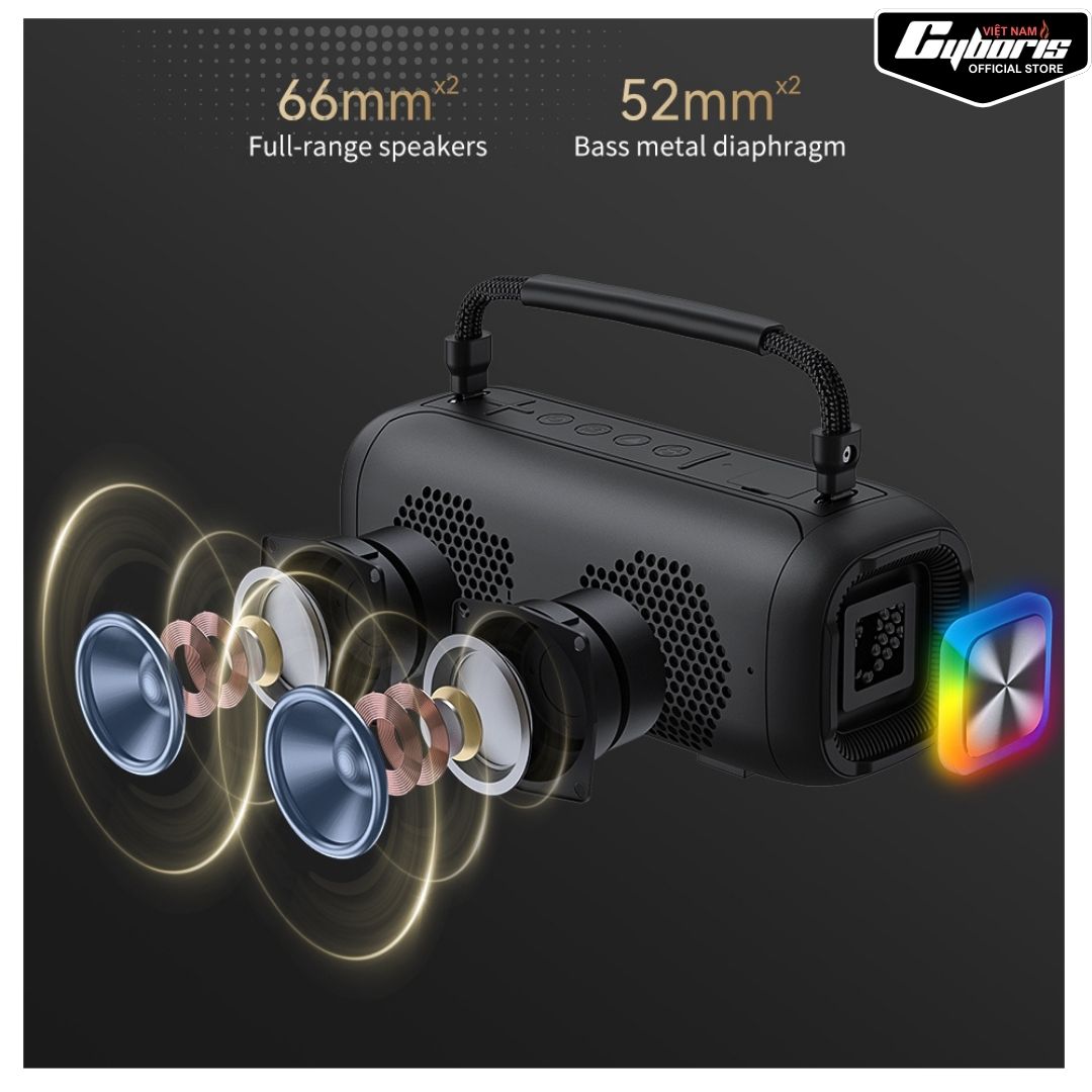 Loa Bluetooth Cyboris T12, Loa siêu Bass, Công suất 80W, Chống nước IPX7, Pin 10400mAh. Hàng Chính Hãng