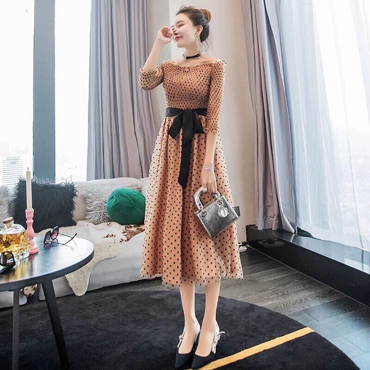 Đầm xòe dự tiếc chấm bi lệt vai NT4461