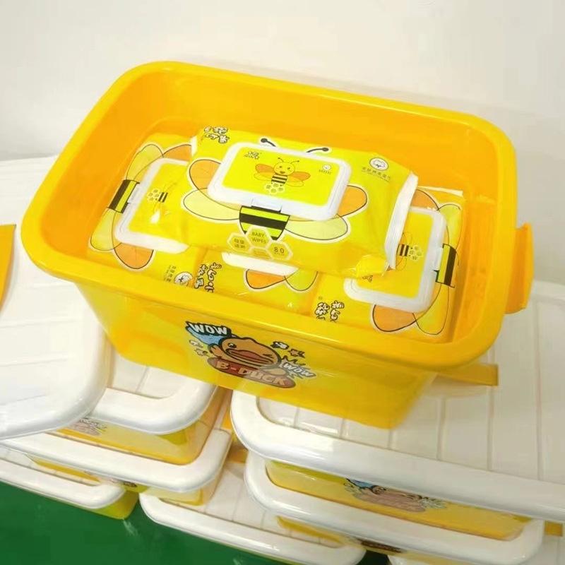 Thùng 10 Gói Khăn Giấy Ướt Vịt Vàng, Con Ong Vàng Tiện Dụng Tặng Thùng Nhựa Xinh Xắn, An Toàn Cho Bé