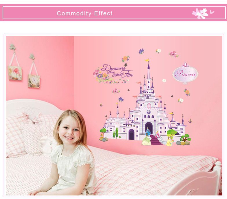 Decal dán tường cho bé gái Lâu đài công chúa màu hồng dễ thương