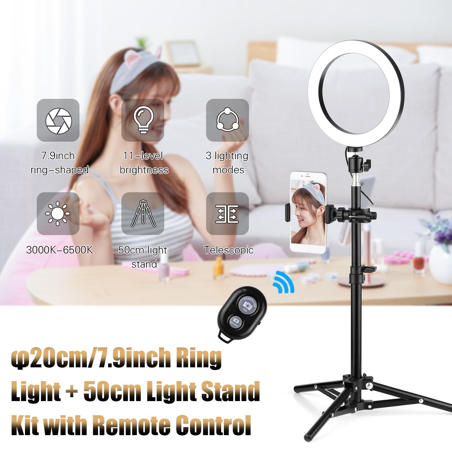 Bộ đèn vòng Đường kính 20cm 3000K-6500K có thể thay đổi màu + Đầu bóng mini + Chân đế đèn 50cm + Sửa chữa