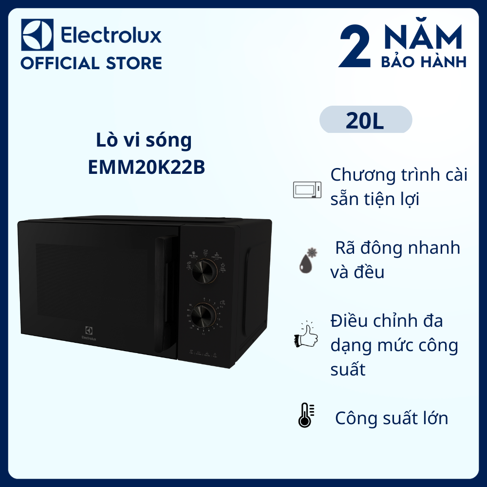 Lò vi sóng để bàn Electrolux 20L - EMM20K22B - 5 chương trình cài sẵn, dễ sử dụng - Bảo hành 2 năm toàn quốc [Hàng Chính Hãng]