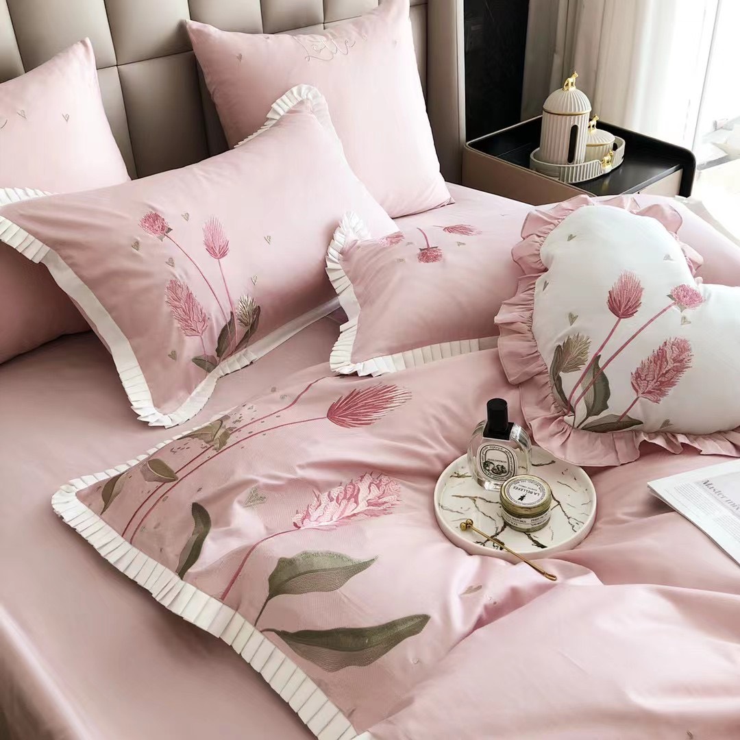 Bộ Chăn Ga Gối Đệm 5 Món Chăn Chần Bông Lụa Thêu 100s Hin Home Bedding Drap Giường Lụa