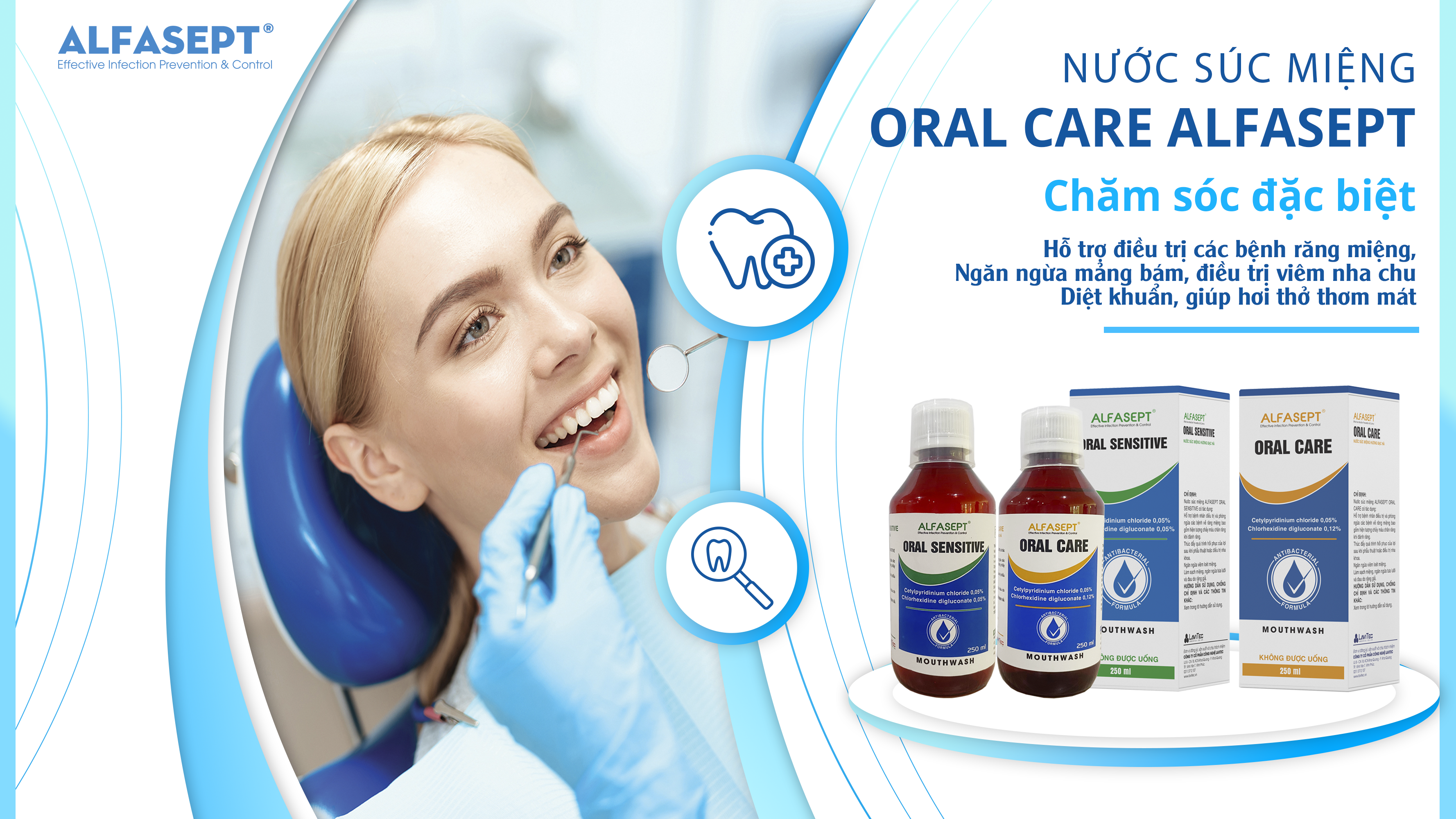 Nước súc miệng diệt khuẩn Alfasept Oral Care 250ml  0.12% CHG