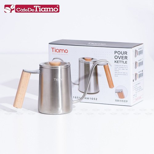 Ấm rót inox 304 tay cầm gỗ vuông pha cà phê tiện lợi Tiamo 600ml