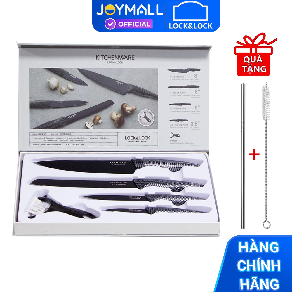 Bộ Dao Nhà Bếp 5 Món Và 6 Món Cookplus Lock&Lock CKK101S5BLK CKK101S01 - Hàng Chính Hãng Tặng Combo Ống Hút + Cọ Rửa