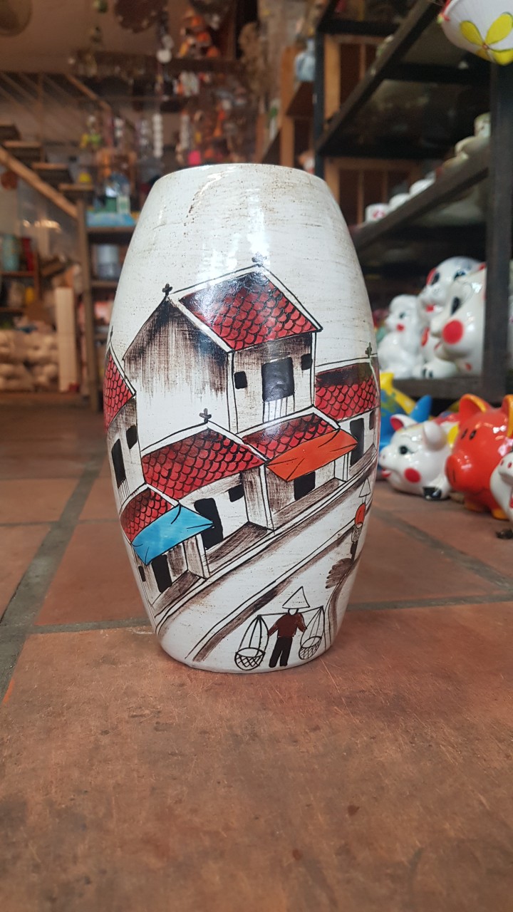 Bình hoa, bình cắm hoa với hoa văn phố cổ sinh động, cao 25cm, trang trí nhà cửa, quà tặng tân gia, sinh nhật, gốm Bát Tràng. Giao từ HCM