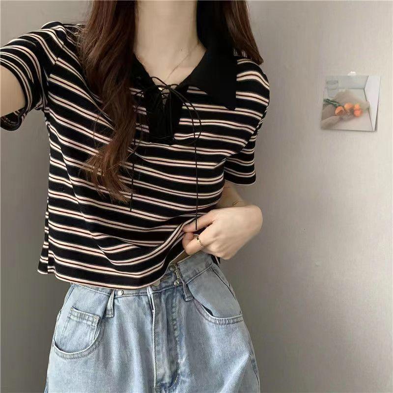Áo len Montoghi dệt kim ĐAN DÂY CỔ kẻ sọc phong cách Hàn Quốc siêu xinh