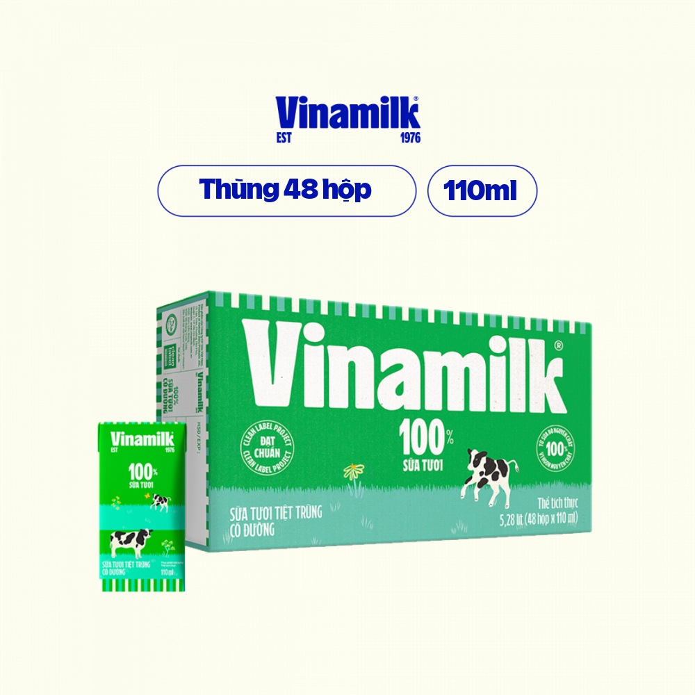 THÙNG 48 HỘP SỮA TƯƠI TIỆT TRÙNG VINAMILK 100% hộp 110ML