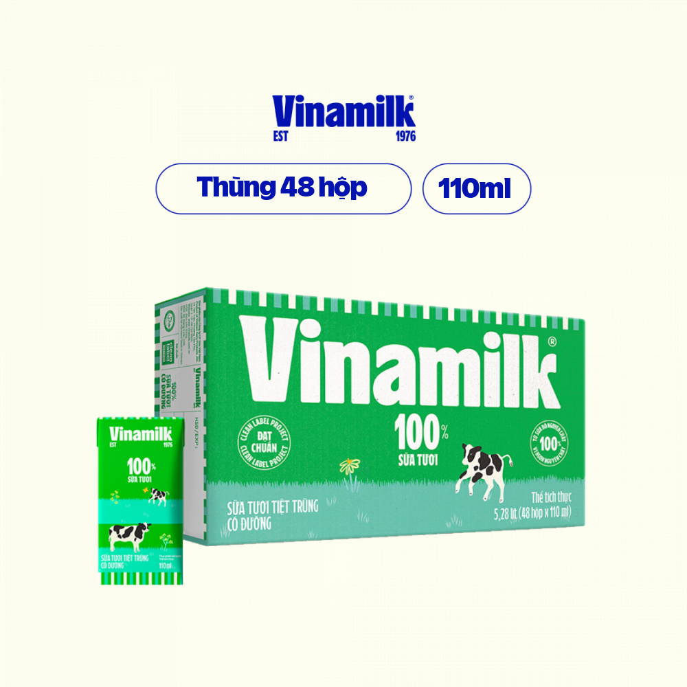 THÙNG 48 HỘP SỮA TƯƠI TIỆT TRÙNG VINAMILK 100%  hộp 110ML