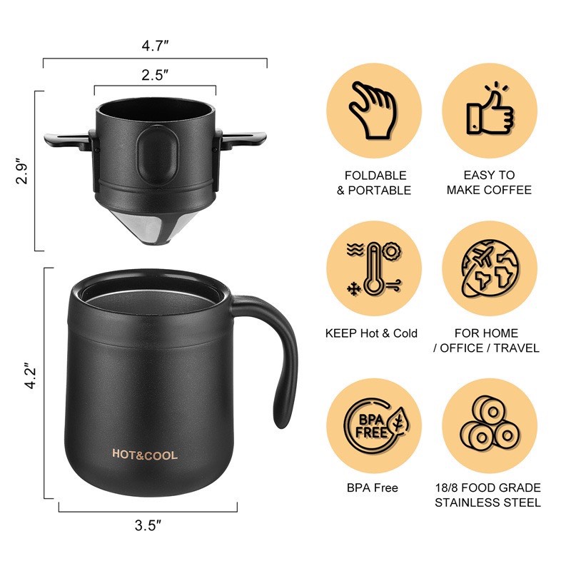 Bộ Ly Giữ nhiệt Pha cà phê AHAHOME bằng thép không gỉ 304 hai lớp kèm phụ kiện lọc có thể gập lại tiện dụng