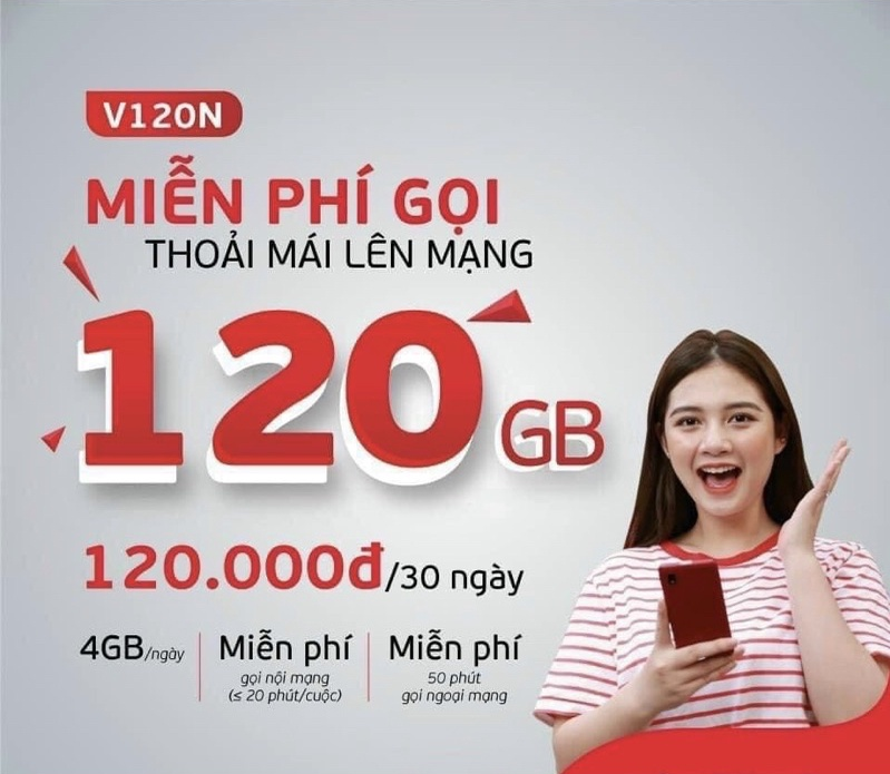 [Free 1 Năm] SIM 4G VIETTEL V120N - 4GB/Ngày (120GB/Tháng). Tặng 50 Phút Gọi Ngoại Mạng + 1 Tỷ Phút Nội Mạng. Miễn Phí Đến 1 Năm Không Cần Nạp Tiền. Dùng Trên Toàn Quốc - Hàng Chính Hãng