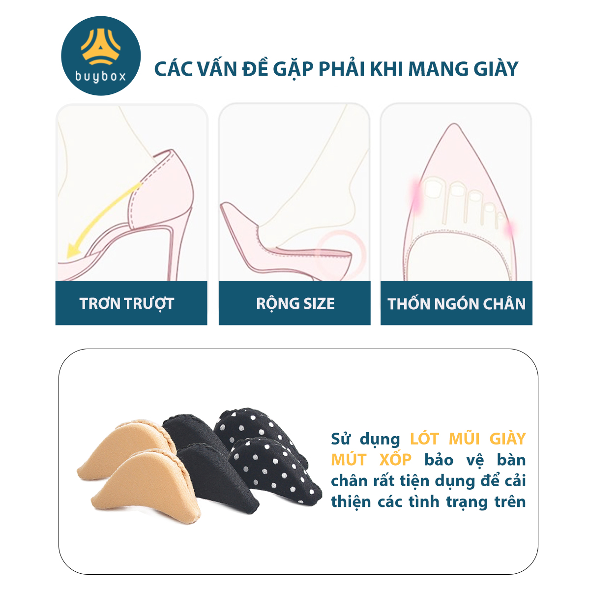 2 cặp miếng lót mũi giày bằng mút đệm êm ngón chân, giảm rộng cho giày - buybox - BBPK38