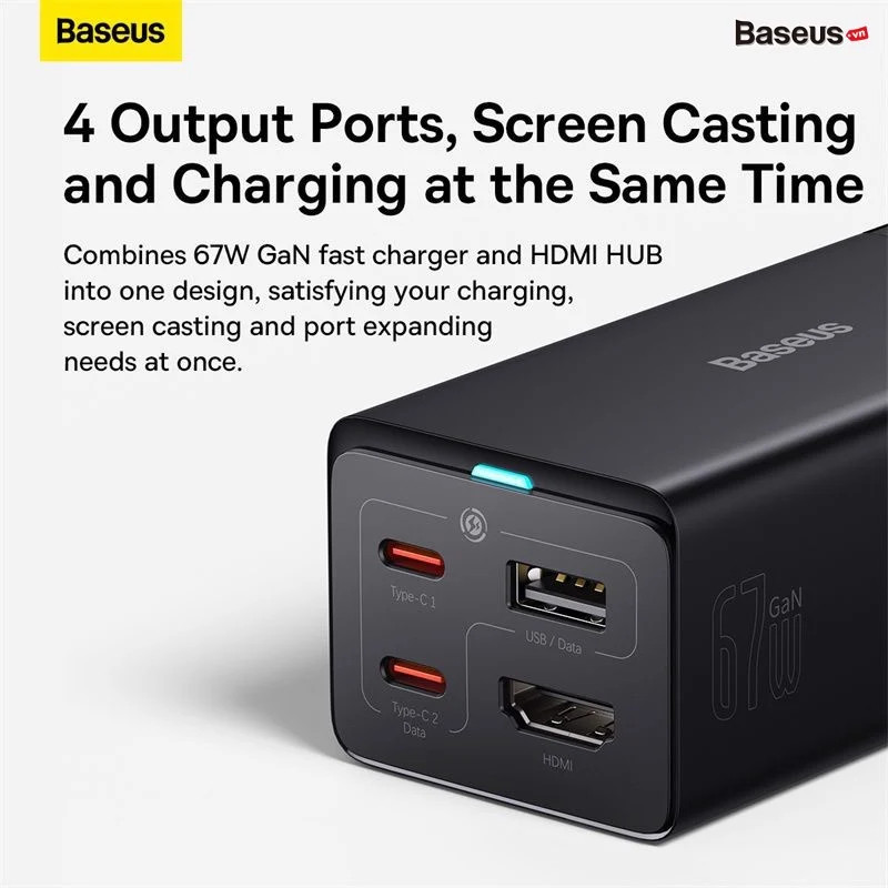 Củ Sạc Nhanh Kiêm Hub Mở Rộng Đa Năng 2 in 1 Baseus GaN5 Pro Desktop Fast Charger 1U+2C+HDMI 67W ( HDMI,Type C*2, USB*2 PD/ QC/ SCP/ FCP/ AFC/ PPS Quick Charger) - Hàng chính hãng