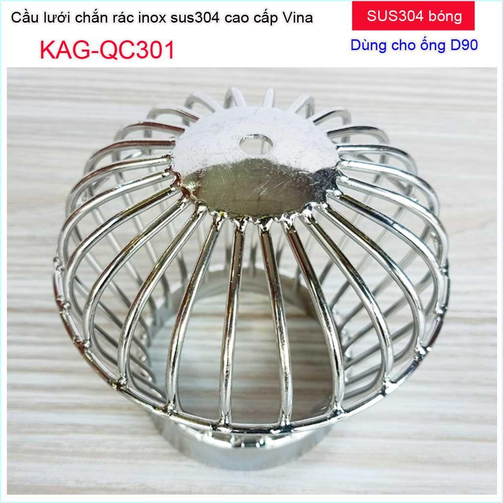 Cầu chắn rác sân thượng KAG-QC301 (ống D90), Cầu chặn rác Inox 304 đế thấp thả ống D90, cầu lưới lọc rác thoát nước mưa